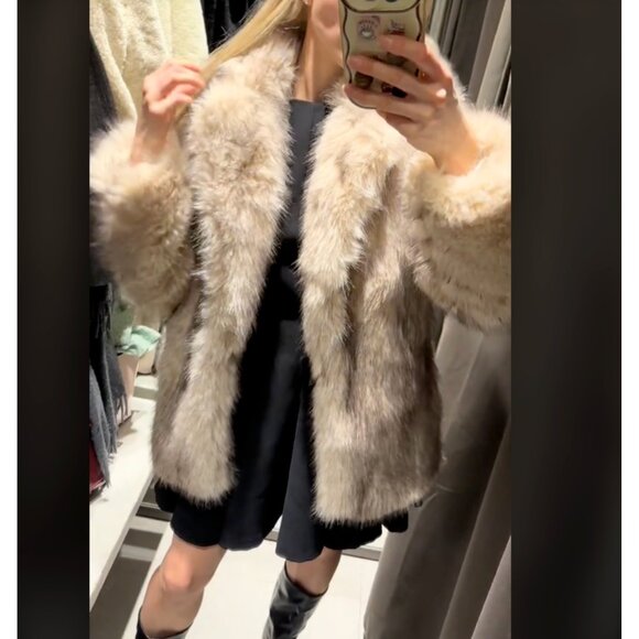 ZARA FAUX FUR COAT LAPEL COLLAR POCKETS ECRU brown Ombre  M 9941/870 - Picture 3 of 11